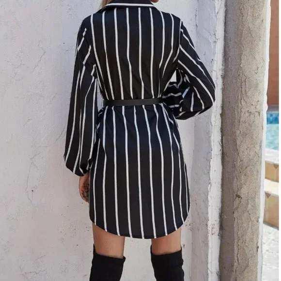 Striped Curved Hem Belted Shirt Dress - Picture 3 of 5